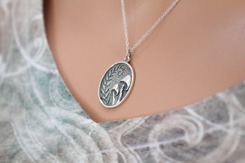 Sterling Silver Etched Mushrooms with Fern Charm Necklace, Sterling Silver Etched Mushrooms with Fern Necklace, Silver Mushroom Necklace