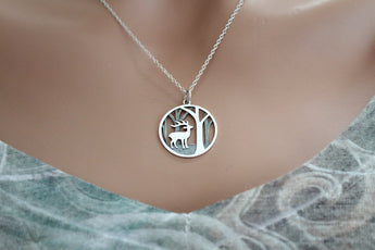 Sterling Silver Deer Charm with Trees Necklace, Sterling Silver Deer Pendant with Trees Necklace, Silver Deer Charm with Trees Necklace