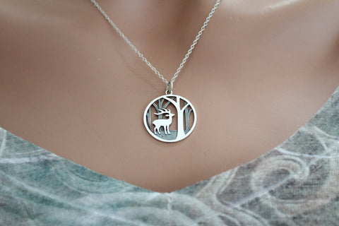 Sterling Silver Deer Charm with Trees Necklace, Sterling Silver Deer Pendant with Trees Necklace, Silver Deer Charm with Trees Necklace
