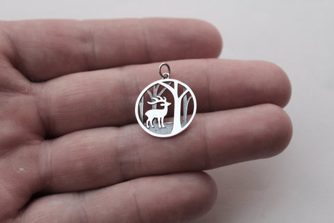 Sterling Silver Deer with Tree Charm, Sterling Silver Deer with Tree Pendant, Sterling Silver Deer in Forest Charm, Silver Deer Charm