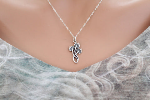 Sterling Silver Three Mushrooms Charm Necklace, Sterling Silver Three Mushrooms Pendant Necklace,Silver Three Mushrooms Charm Necklace
