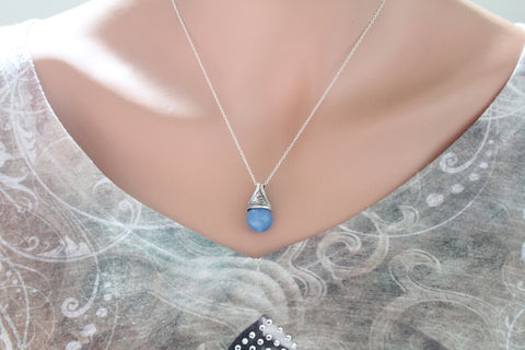 Sterling Silver Simulated Blue Pearl Bead Tear Dropped Shaped  Charm Necklace, Sterling Silver Simulated Blue Pearl Bead Necklace