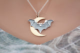 Sterling Silver Layered Bat Charm with Bronze Moon Necklace, Silver Layered Bat Charm with Bronze Moon Pendant Necklace, Bat Neckalce