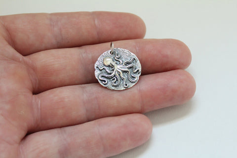 Sterling Silver Octopus Coin Pendant Necklace, Sterling Silver Octopus Ancient Coin Charm Necklace, Silver Octopus Ancient Coin Necklace
