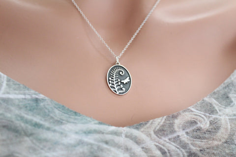 Sterling Silver Fern with Butterfly on Oval Necklace, Silver Fern with Butterfly on Oval Charm Necklace, Fern with Butterfly Oval Necklace