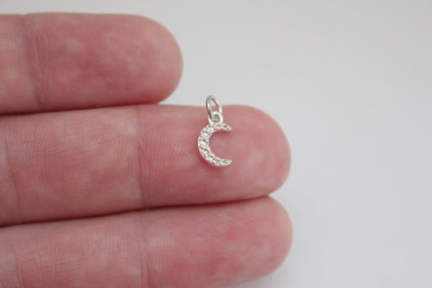 Sterling Silver Moon Charm with Clear Nano Gems, Sterling Silver Clear Nano Gem Moon Charm, Silver Clear Nano Gem Moon Charm, Moon Charm