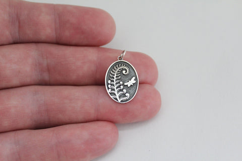 Sterling Silver Fern with Butterfly on Oval Charm, Silver Fern with Butterfly on Oval Charm, Beautiful Fern with Butterfly on Oval Pendant